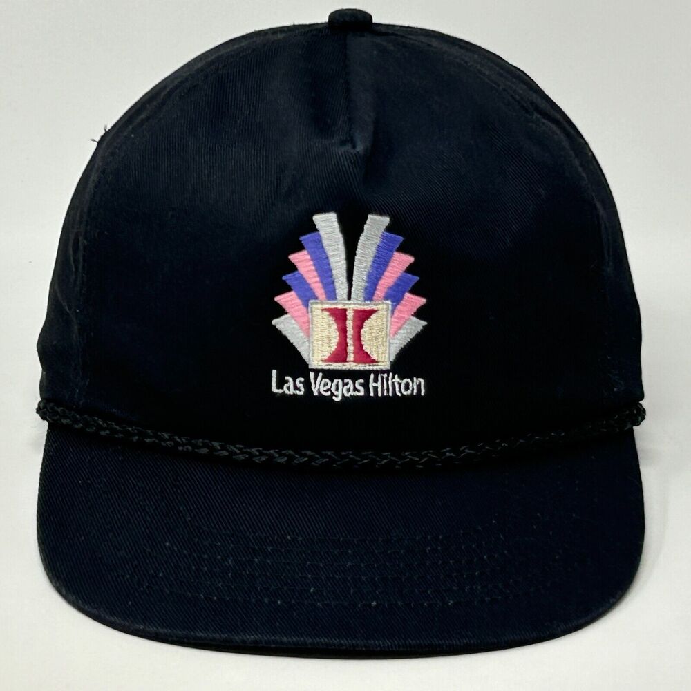Vintage 90s Las Vegas Hilton Hat Baseball Cap Casino Rope Corded Snapback Black